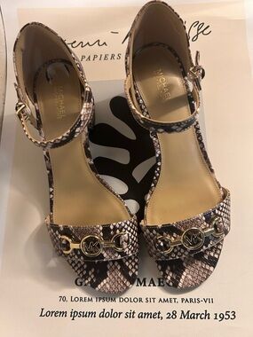 Michael Kors Snake-Print Ankle-Strap Heels with Gold MK Accent